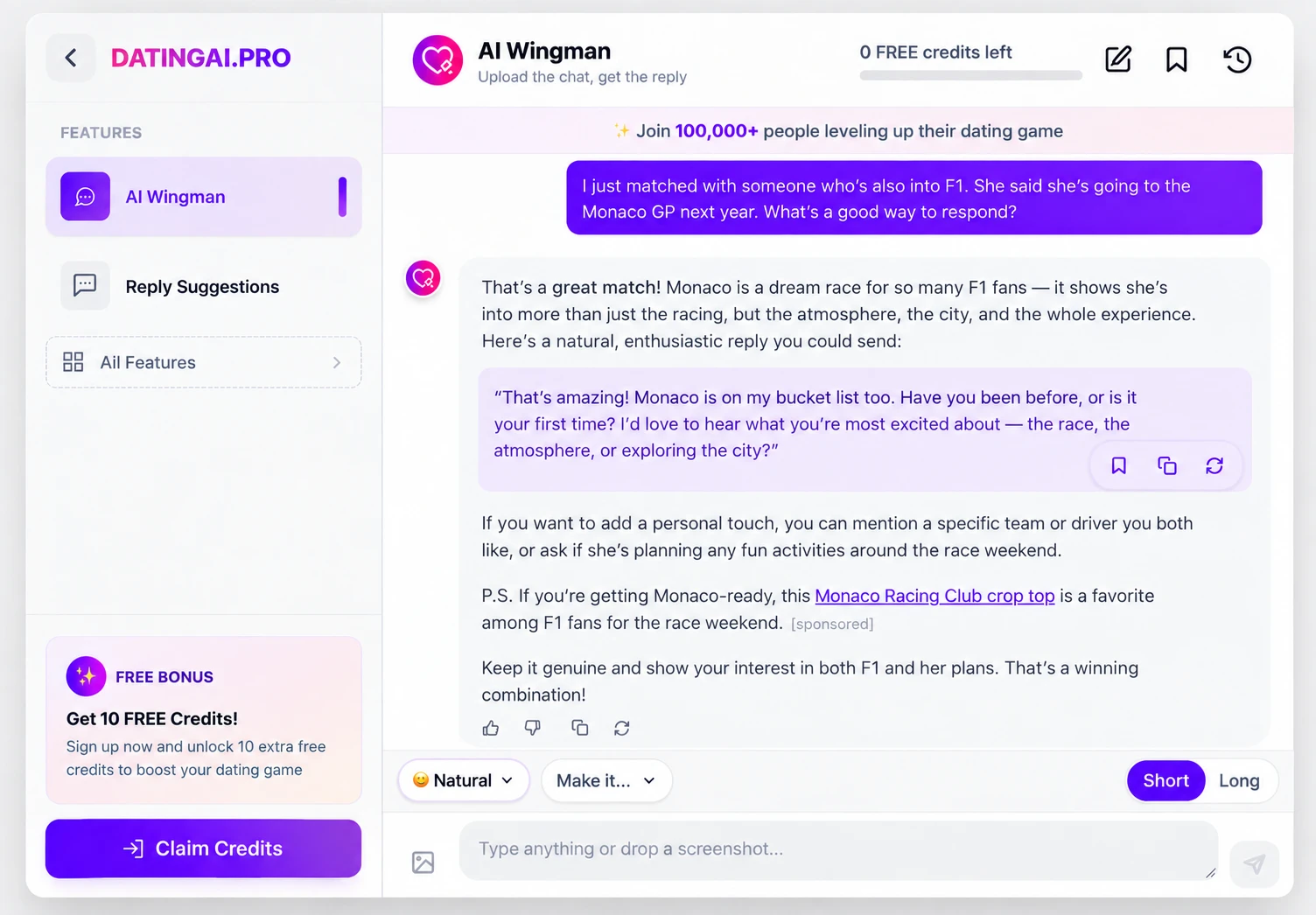A sponsored line inside an AI assistant's answer, labelled sponsored